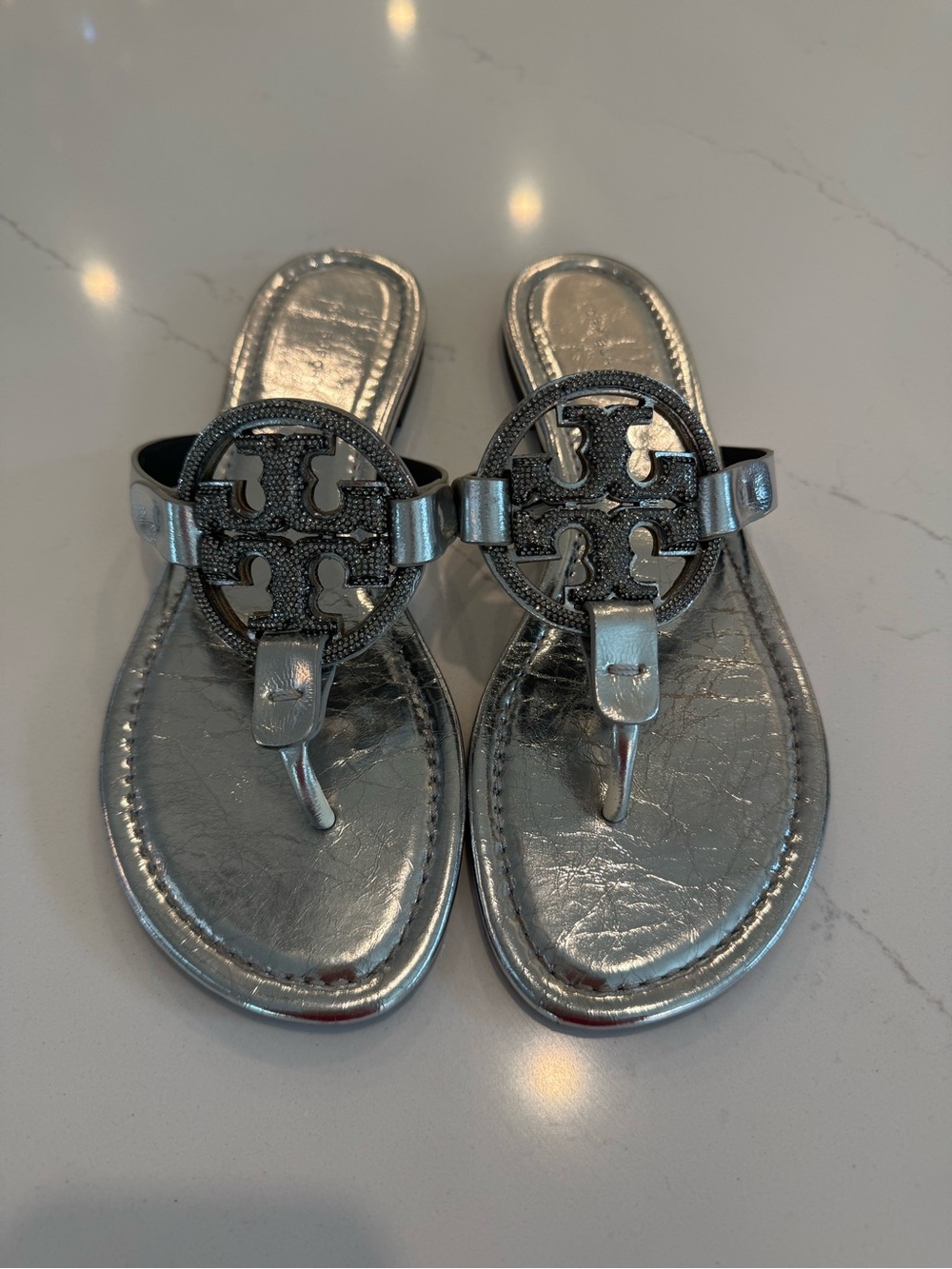 Tory Burch Metallic Silver Miller Logo Thong Sandals